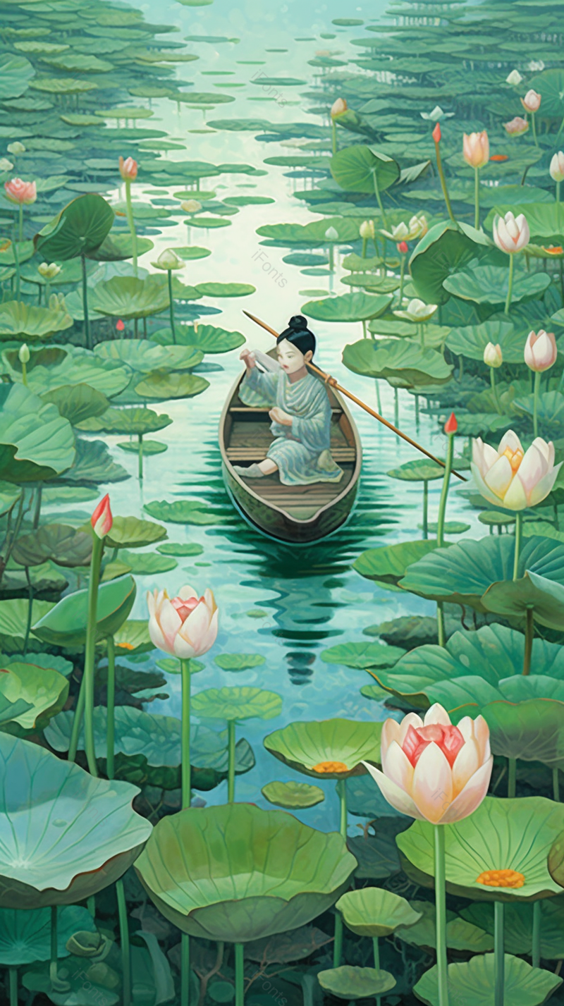 在绿色荷叶盛开的池塘里玩耍的男孩,插画/手绘图,插画/手绘图库,插画/手绘图下载,插画/手绘